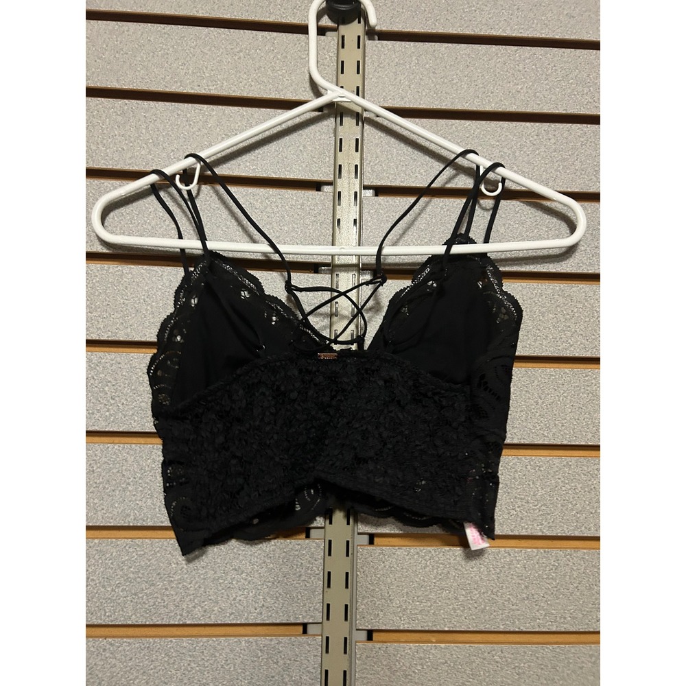 PINK Victorias Secret Black Floral Lace Longline Bralette Cage Back Medium